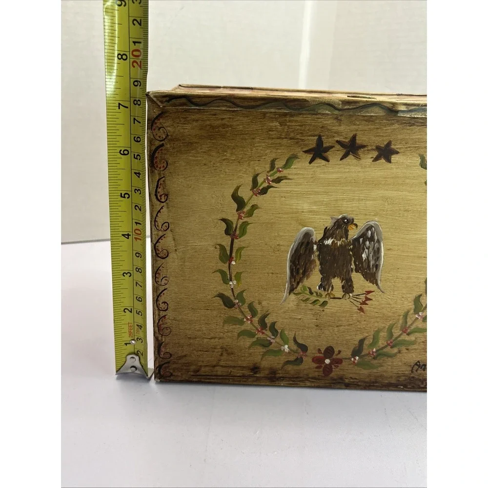 Vtg American Painted Tin‎ Toleware Hinged Box American Eagle Folk 7.25